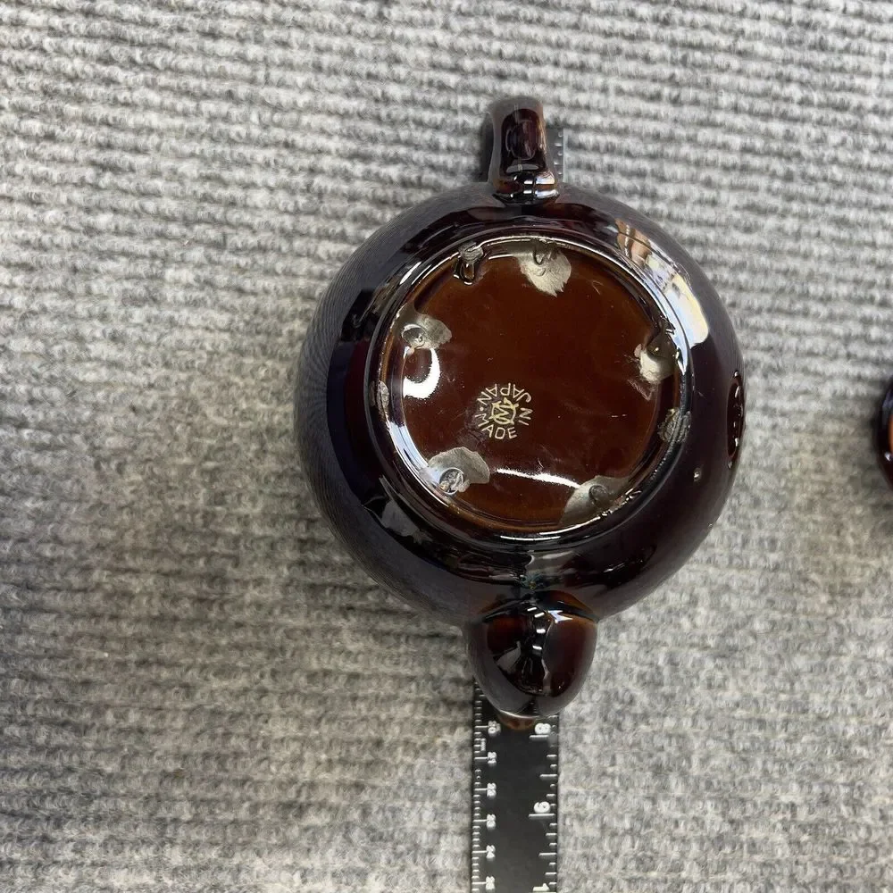 Redware Teapots Dark Brown HandPainted  Moriage Enamel Floral Japan Set Of 2 VTG